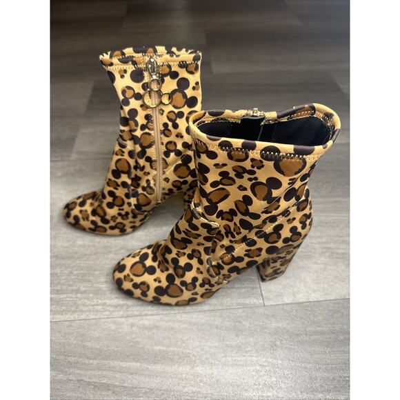 Disney X Aldo Step In Magic Leopard Chunky Heel Sock Bootie 9 Brown Mickey Boots - Picture 3 of 5